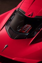 The rear window of the mid-engine 2020 Corvette C8 shows off the 6.2-liter V-8.