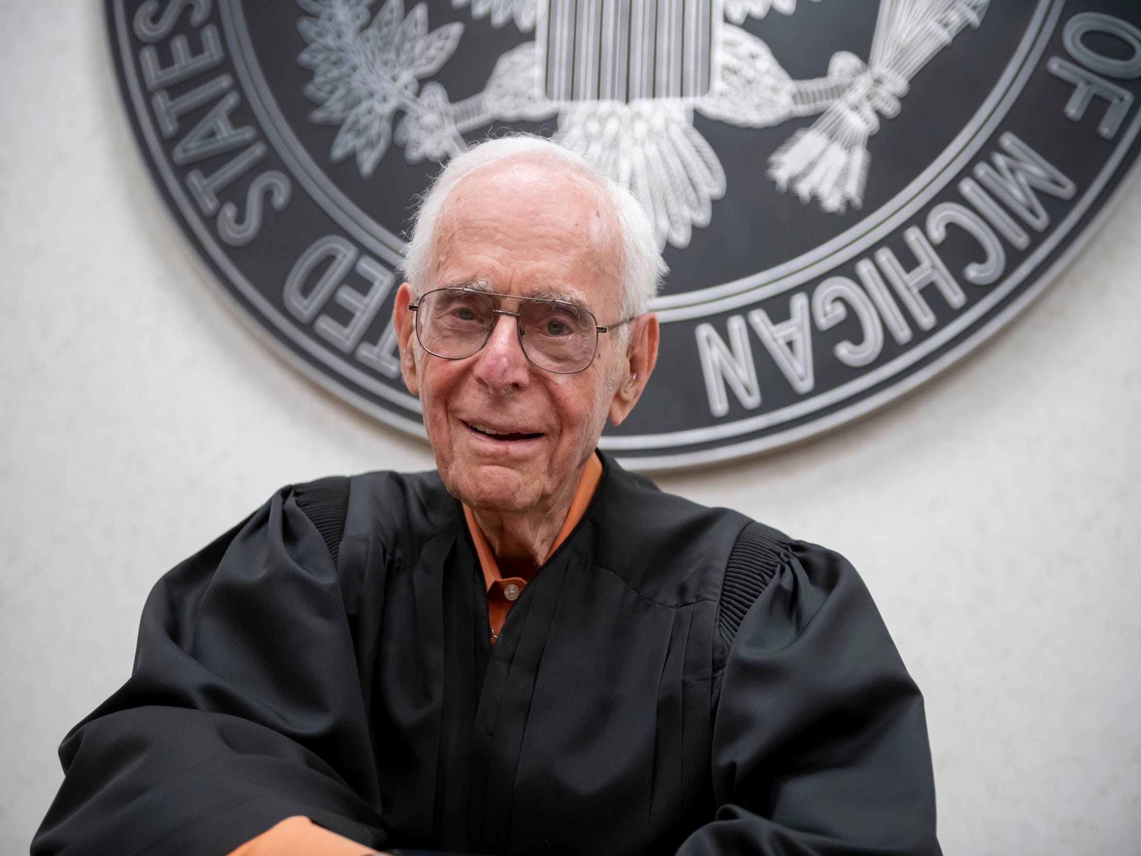 Avern Cohn, Senior United States District Judge of the United States District Court for the Eastern District of Michigan, talks in his courtroom at the Theodore Levin United States Courthouse.