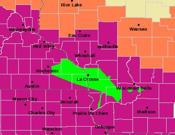The areas shaded in bright green are under flood warnings after thunderstorms dropped nearly 6 inches of rain on portions of southwest Wisconsin.