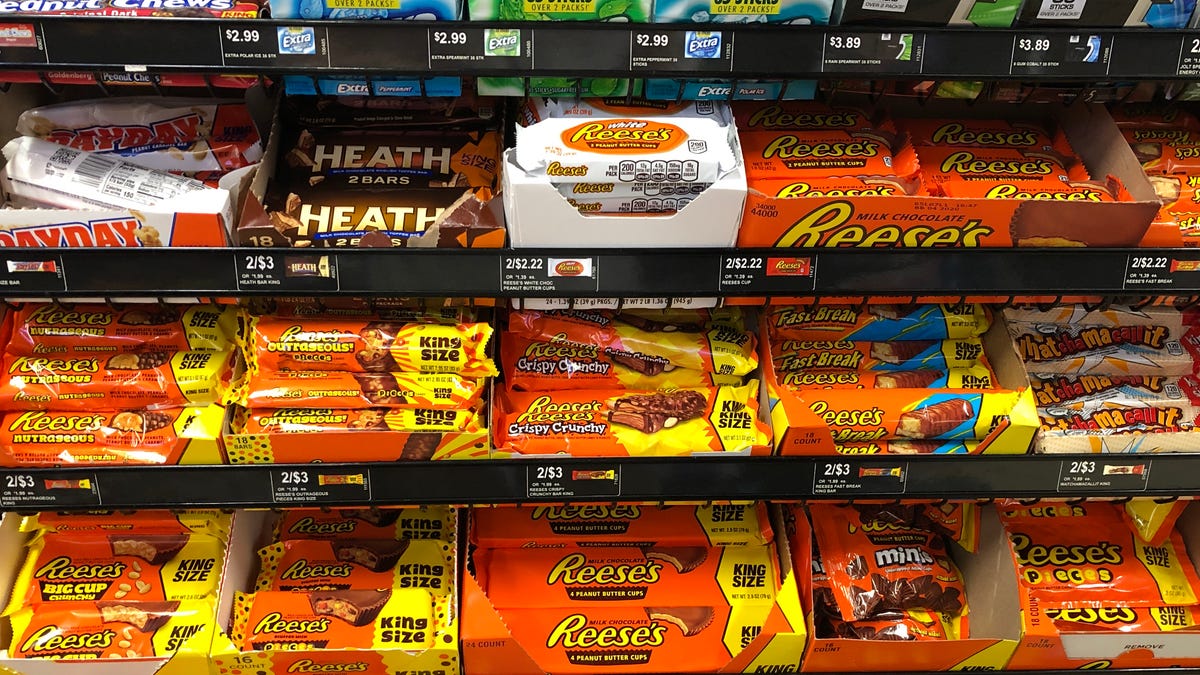 All the Reese's peanut butter candies on convenience store shelf