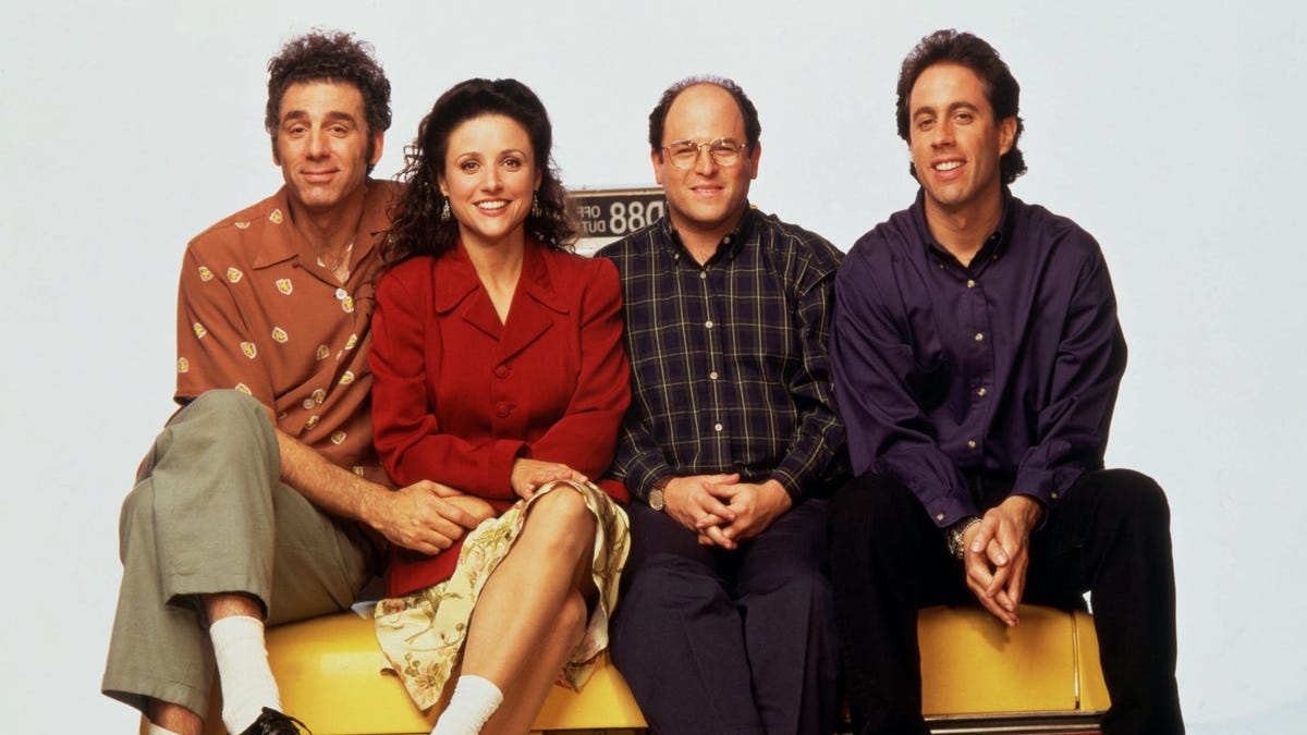 SEINFELD 100TH EPISODE -- Jerry Seinfeld stars in this Emmy-winning series (Outstanding Comedy Series, 1993) as a stand-up comedian whose life in New York City is made more chaotic by his quirky group of friends. (l to r) Michael Richards (Kramer), Julia Louis-Dreyfuss (Elaine), Jason Alexander (George), Jerry Seinfeld (Himself) Photographer: George Lange