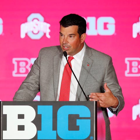 Ohio State coach Ryan Day speaks during the Big...