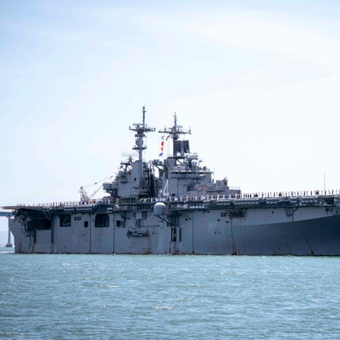 The amphibious assault ship USS Boxer is seen in...