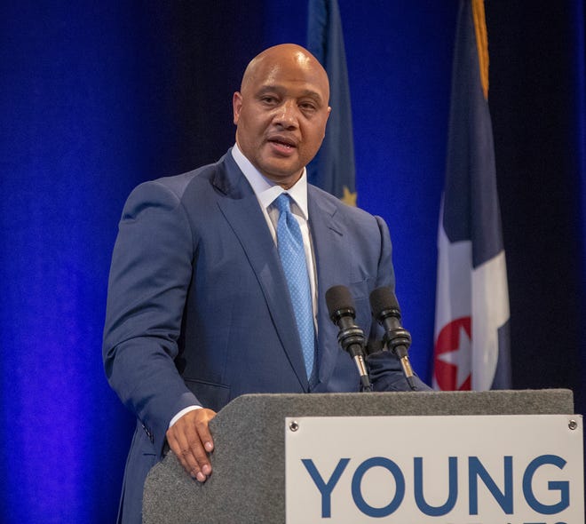 Andre Carson, U.S. House of Representatives member, speaks at the national convention for the Young Democrats of America, held in Indianapolis, Friday, July 19, 2019.