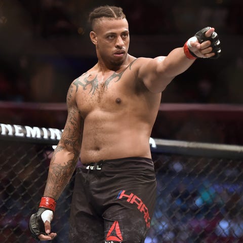 Greg Hardy reacts during his bout against Dmitrii...