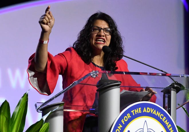 U.S. Rep. Rashida Tlaib (D-Detroit) speaks Monday at the NAACP convention in Detroit.