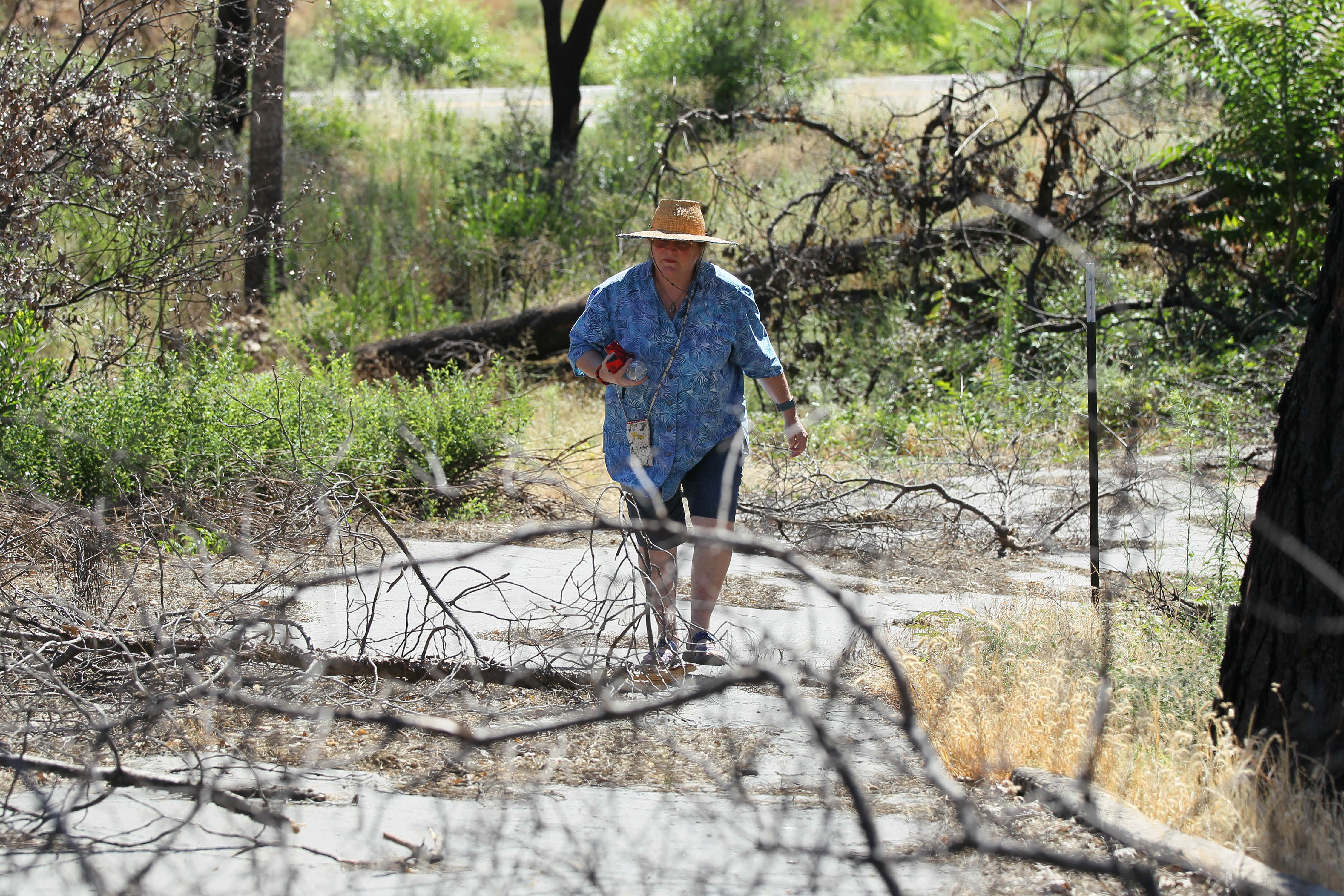 Joanne Lobeski Snyder, who lost her house in the Carr Fire, walks through fallen tree branches covering the driveway to an empty lot where her house once stood.