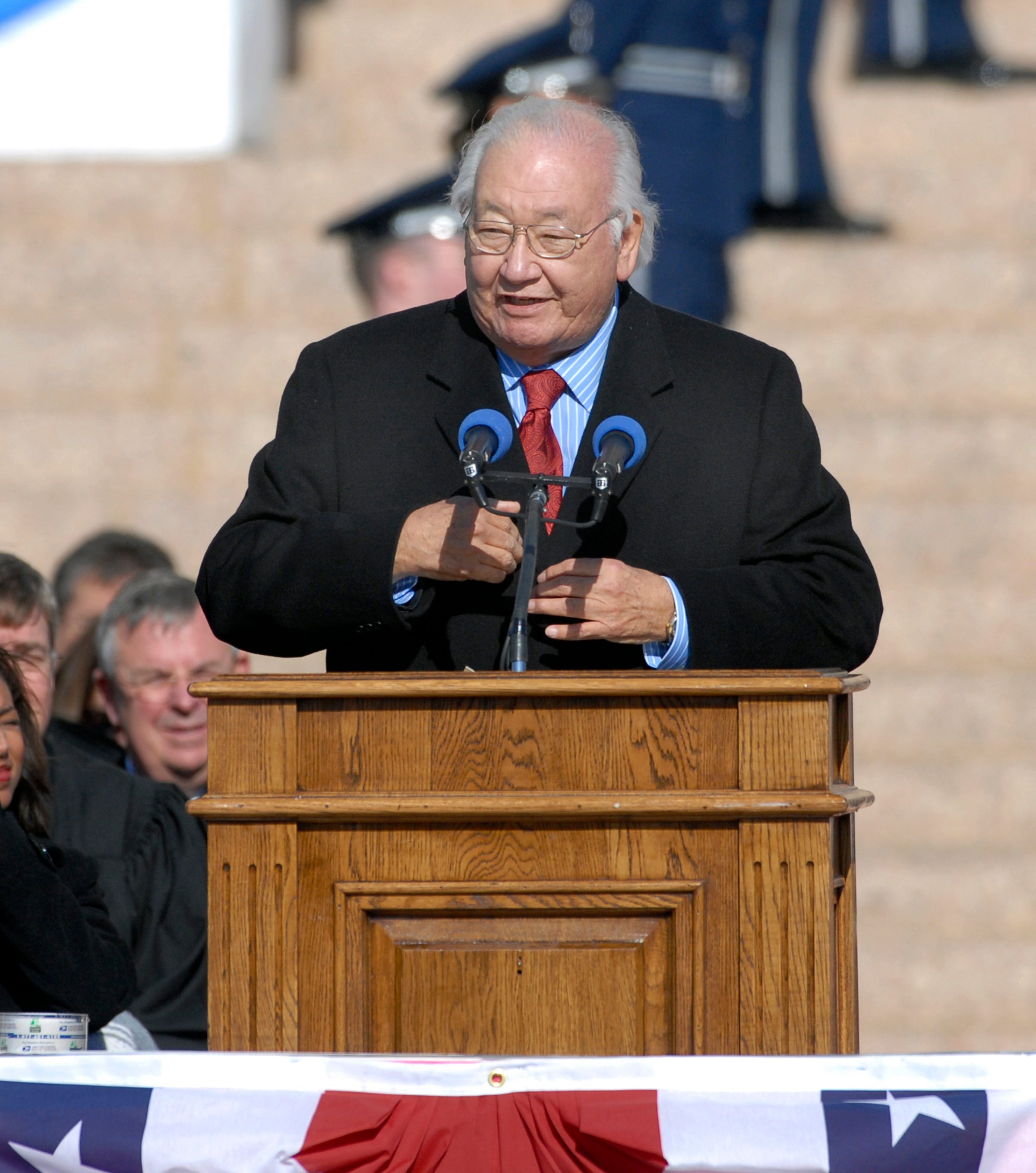 In this Monday, Jan. 8, 2007 photo, Pulitzer Prize-winning writer N. Scott Momaday recites a poem at the inauguration of Oklahoma Gov. Brad Henry at the State Capitol in Oklahoma City. Dayton Literary Peace Prize officials selected novelist, poet and essayist N. Scott Momaday for the Richard C. Holbrooke Distinguished Achievement Award. ( Jerry Laizure/The Norman Transcript via AP)
