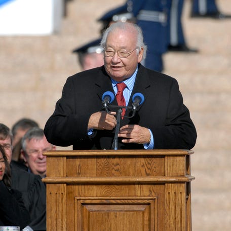 In this Monday, Jan. 8, 2007 photo, Pulitzer Prize-winning writer N. Scott Momaday recites a poem at the inauguration of Oklahoma Gov. Brad Henry at the State Capitol in Oklahoma City. Dayton Literary Peace Prize officials selected novelist, poet and essayist N. Scott Momaday for the Richard C. Holbrooke Distinguished Achievement Award. ( Jerry Laizure/The Norman Transcript via AP)