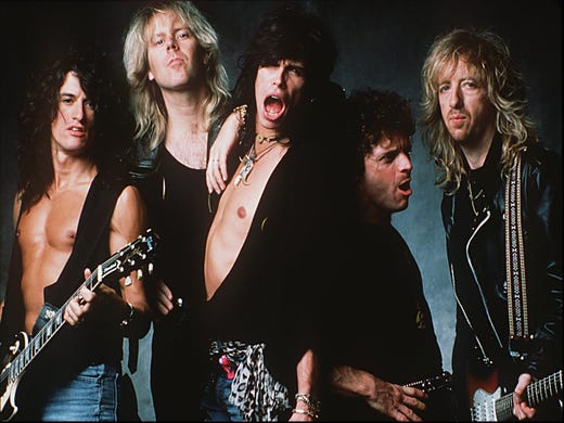 Aerosmith (L-R) Joe Perry, Tom Hamilton, Steven Tyler, Joey Kramer and Brad Whitford.