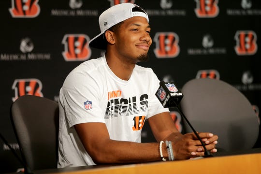 Cincinnati Bengals wide receiver Tyler Boyd (83) signed a four-year, $43 million extension with the Bengals that runs through the 2023 season, Tuesday, July 23, 2019, at Paul Brown Stadium in Cincinnati. 