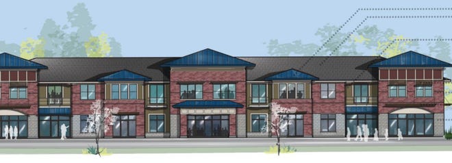 An architectural rendering of a commercial building designed by Mayberry Homes was submitted to Hartland Township. The company is proposing a housing and commercial development.