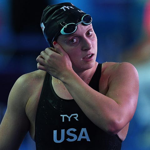 Katie Ledecky reacts after taking silver in the...
