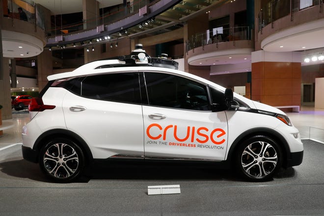 In this Jan. 16, 2019, file photo, Cruise AV, General Motor's autonomous electric Bolt EV is displayed in Detroit.