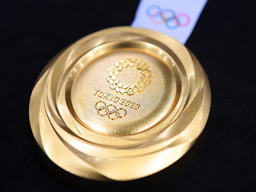 Another angle of the gold medal for the 2020 Summer Olympics.