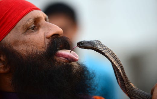 A Hindu devotee of Lord Shiva performs with a snake on the bank of the river Ganges during the holy month of Shravan, in Allahabad on July 22, 2019. Shravan is considered the holiest month in the Hindu calendar with many religious festivals and ceremonies.
