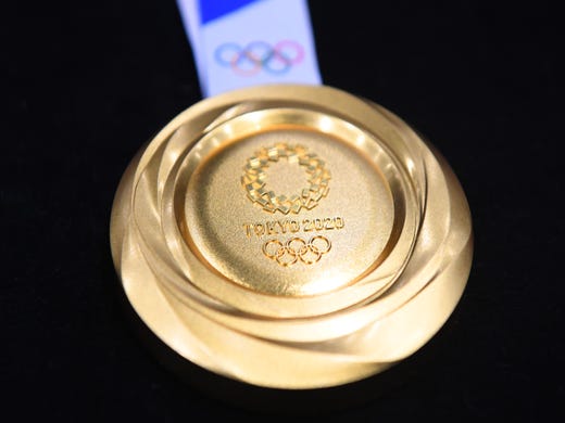 Another view of the gold medal for the 2020 Summer Olympics in Tokyo.