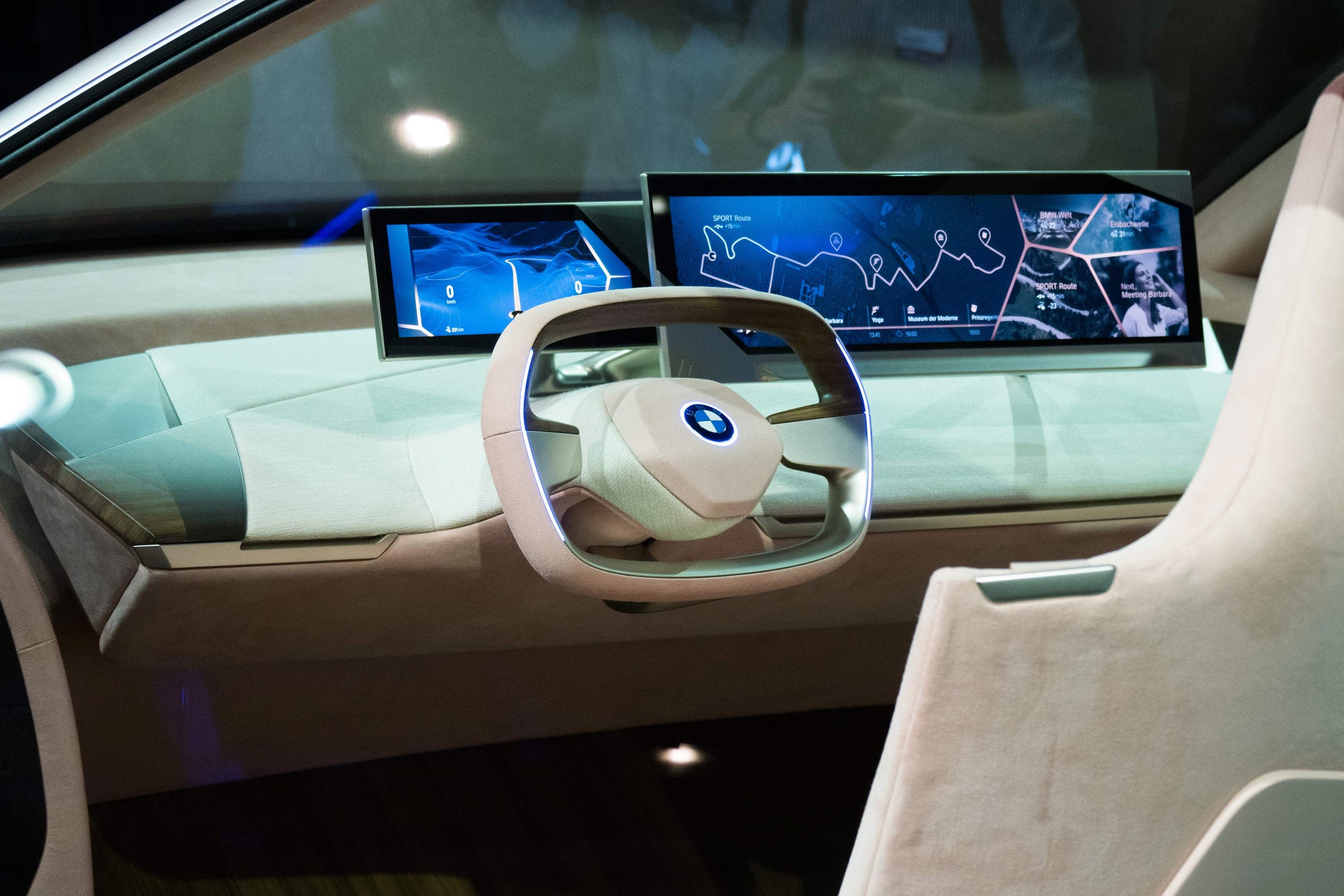 The steering wheel and display inside the BMW Vision iNEXT are unveiled at a special event ahead of the LA Auto Show, November 27, 2018 in Los Angeles. The BMW Vision iNEXT is fully electric, fully connected and offers highly autonomous driving. The series-production model, set to become the company's new technology flagship, will be built at BMW Group Plant Dingolfing from 2021.
