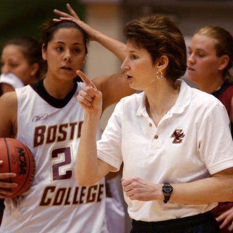 Boston College coach Cathy Inglese, talks with a...
