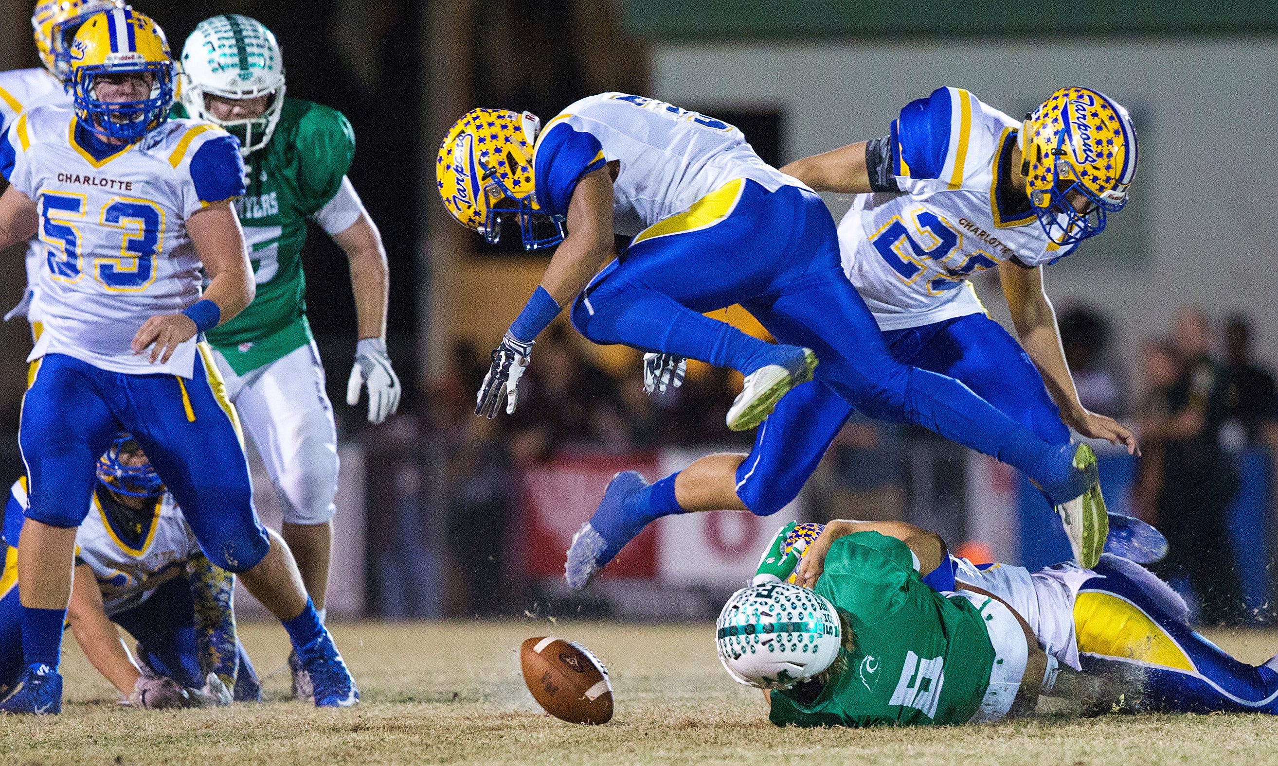 2016 - Charlotte 28, Fort Myers 24 (OT): The Greenies committed their focus throughout the 2016 season to avenging a 2015 playoff loss to Naples. They did just that in a 28-7 victory over the Golden Eagles and moved on to a regional final against rival Charlotte. After falling to Fort Myers in heartbreaking fashion in a regional final 2014, the Tarpons returned the favor here after the Greenies jumped out to a 14-0 halftime lead. There were plenty of opportunities for Sam Sirianni Jr.'s squad to close the door, but Charlotte hung around and capitalized after Fort Myers ran out of gas in overtime. Adding to the disappointment was Fort Myers would have hosted the state semifinal game against Miami Carol City, which shutout Charlotte 39-0 the next week.