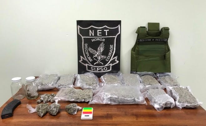 Marijuana and drug paraphernalia seized from a Eunice home on July 24, 2019.