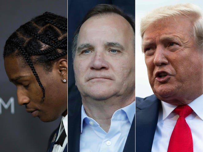 This combo photo shows recording artist A$AP Rocky (L) in Los Angeles in 2016; Swedish Prime minister Stefan Lofven (C) in Paris in June and President Donald Trump (R) at the White House in Washington, DC in July. Sweden on July 25, 2019, rebuffed Trump's demand that Sweden free the rapper Rocky, who goes on trial next week on assault charges involving an altercation in Stockholm three weeks ago.
