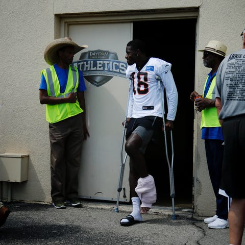 Bengals wide receiver A.J. Green was on crutches...