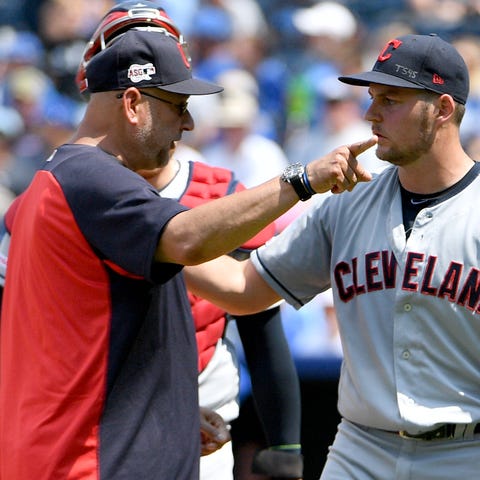 Indians manager Terry Francona makes an emphatic...