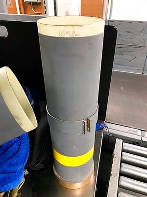 In this July 2019 photo released by the The Transportation Security Administration, a section of a missile launcher is seen at Baltimore/Washington International Thurgood Marshall Airport near Baltimore.
