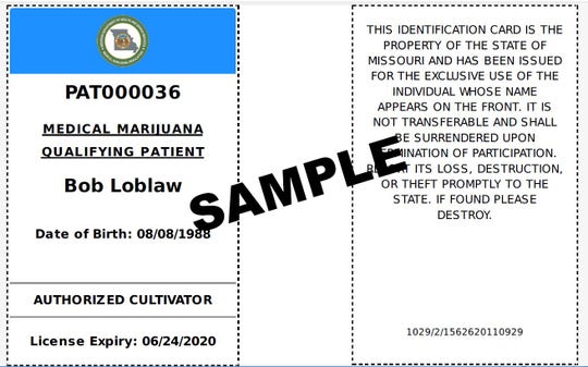A sample of what a Missouri qualifying medical marijuana ID card with a homegrowing authorization looks like.  In the first month of the program, Missouri approved more than 4,000 patient applications. State officials began accepting them June 28, 2019.