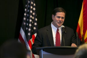 Gov. Doug Ducey speaks at a news conference at the Microsoft office in Tempe on July 30, 2019. Microsoft announced it would be starting two new projects in Arizona.