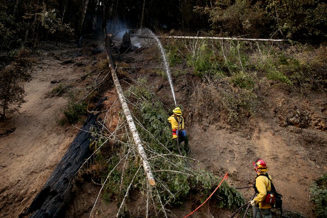 Firefighters Sam Jaeger, left, and Ben Sproul, both of Molalla, work to manage hot spots on the Milepost 97 Fire near Canyonville in southern Oregon on July 29, 2019.