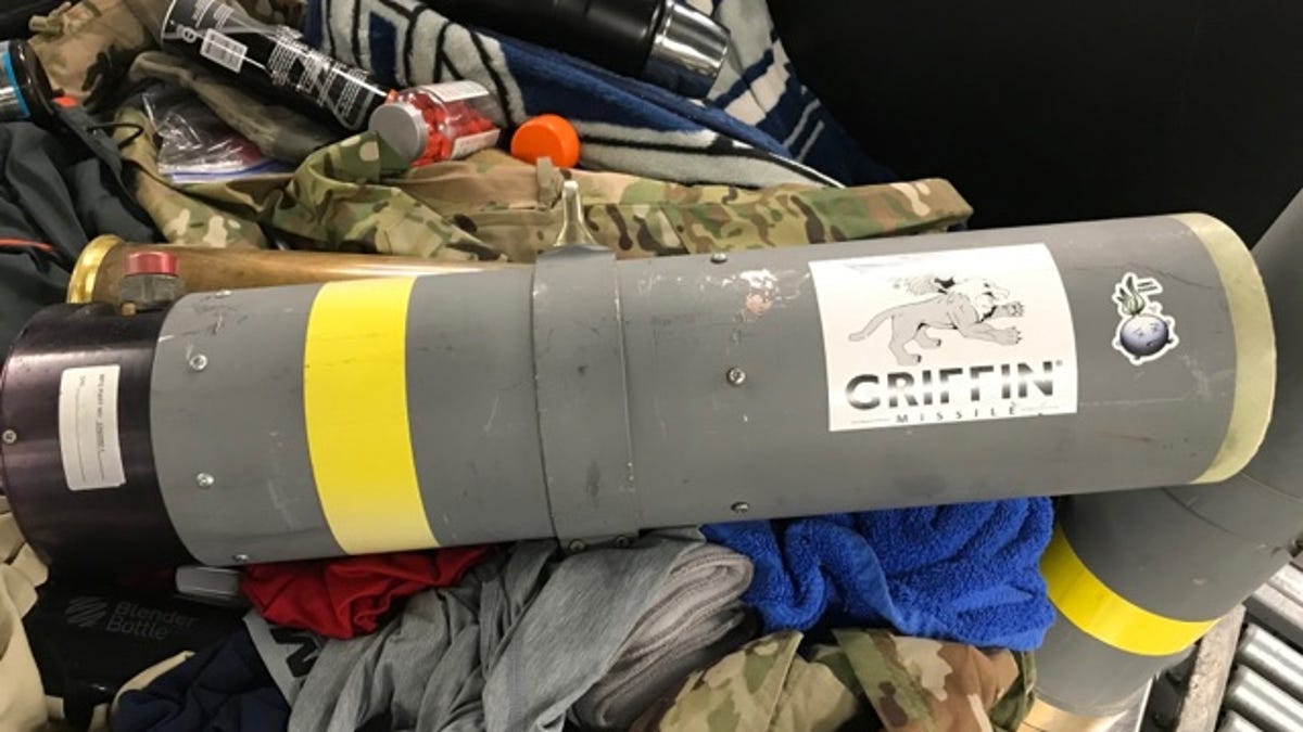 In this photo released by the Transportation Security Administration (TSA), shows a missile launcher discovered by TSA agents at a security screening at Baltimore/Washington International airport in Baltimore on Monday.