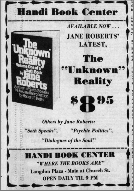 In 1977, an advertisement for Jane Roberts' book, "The 'Unknown' Reality," was published in the Star-Gazette.