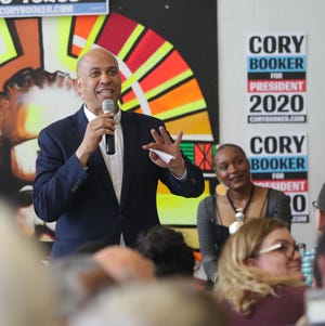 U.S. Sen. Cory Booker of New Jersey made a campaign stop at Coffee Makes You Black in Milwaukee, April 23, 2019.