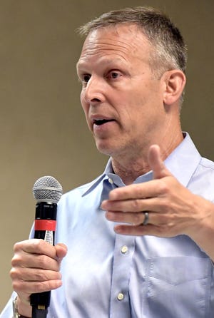 Congressman Scott Perry speaks during a town hall at Hummelstown Fire Department in Dauphin County Tuesday, July 30, 2019. It was the first in-person town hall by Perry in over two years. Bill Kalina photo