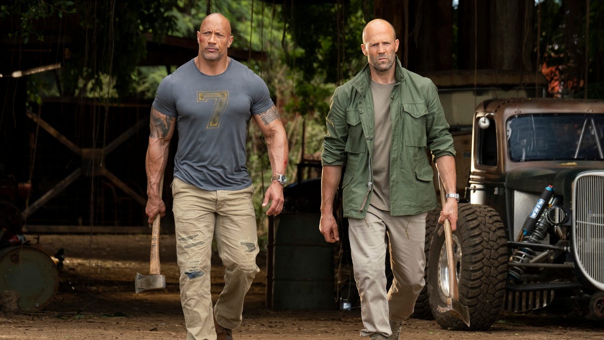 Luke Hobbs (Dwayne Johnson, left) and Deckard Shaw (Jason Statham) are frenemies on a new mission in "Fast & Furious Presents: Hobbs & Shaw."
