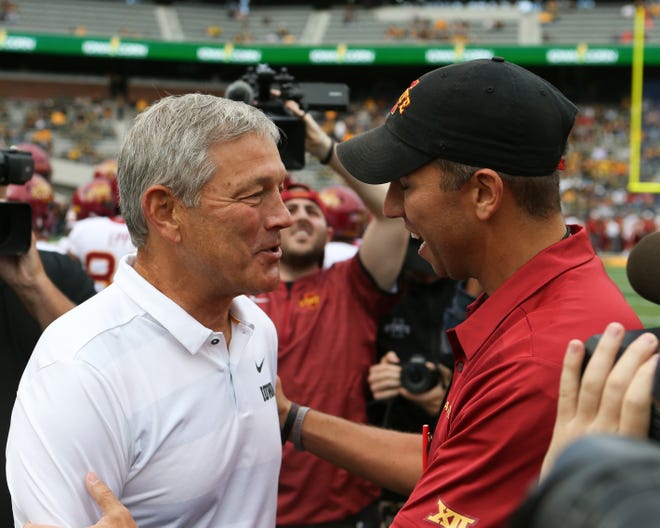 Iowa Hawkeyes head coach Kirk Ferentz and Iowa State Cyclones head coach Matt Campbell each are leading top-25 teams into the 2019 college football season. Iowa is ranked 19th in the USA TODAY Amway Coaches' Poll, with Iowa State coming in at No. 24.