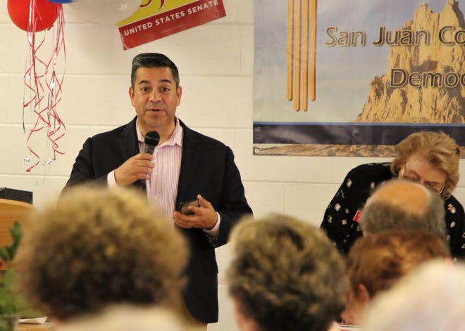 Rep. Ben Ray Lujan, D-NM, addresses a crowd, Wednesday, July 31, 2019, at Chef Bernie's in Farmington.