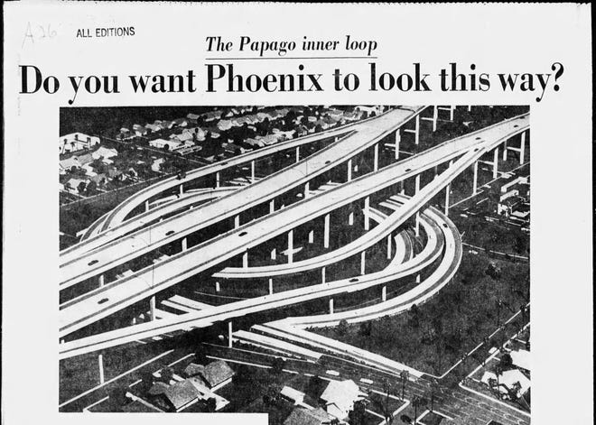 A clipping of a May 6, 1973 article in The Arizona Republic about the proposed Papago Freeway.