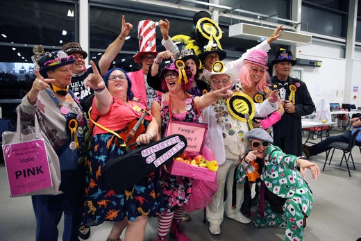 The Official Monster Raving Loony Party candidate Lady Lily The Pink and her team arrive at the Brecon and Radnorshire by-election count at the Royal Welsh Showground in Builth Wells, Wales on August 2, 2019.