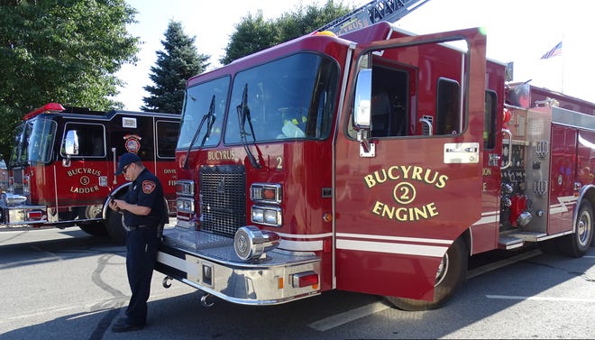 A Bucyrus Fire Department truck is displayed during the August First Friday event in downtown Bucyrus. On Thursday, Bucyrus City Council voted to purchase a new firetruck for the department.
