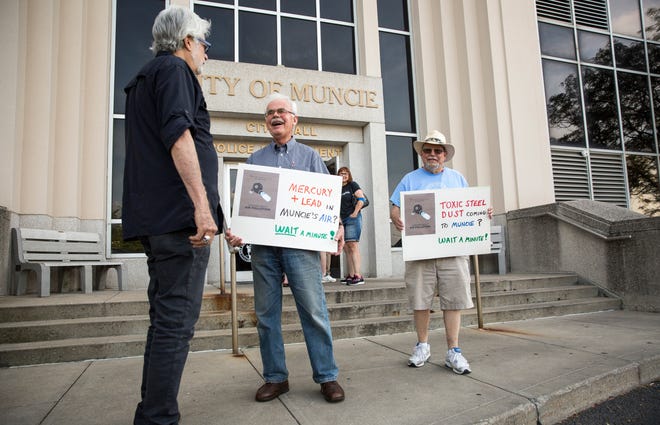 Protestors with signs line up in front of city hall nearly an hour before the Muncie City Council meeting on Aug. 5. Several agenda items including public comment on the Waelz Sustainable plant at the former Borg Warner site brought out hundreds of people.