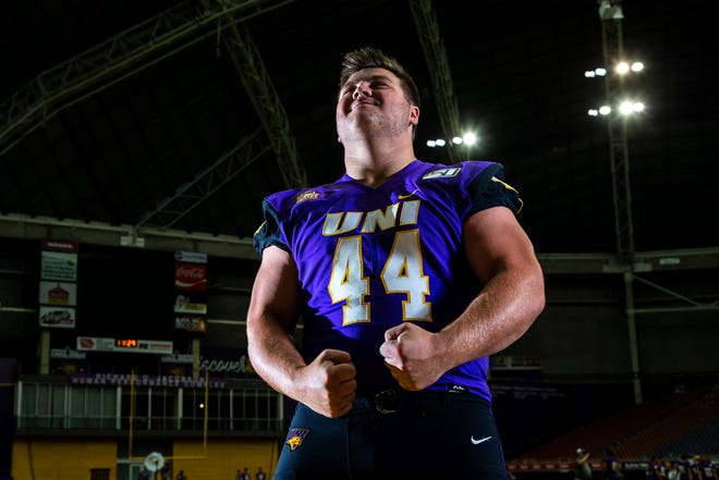Northern Iowa defensive lineman Jared Brinkman (44) poses for a photo during the Panthers football media day, Wednesday, Aug. 7, 2019, at the UNI-Dome in Cedar Falls, Iowa.