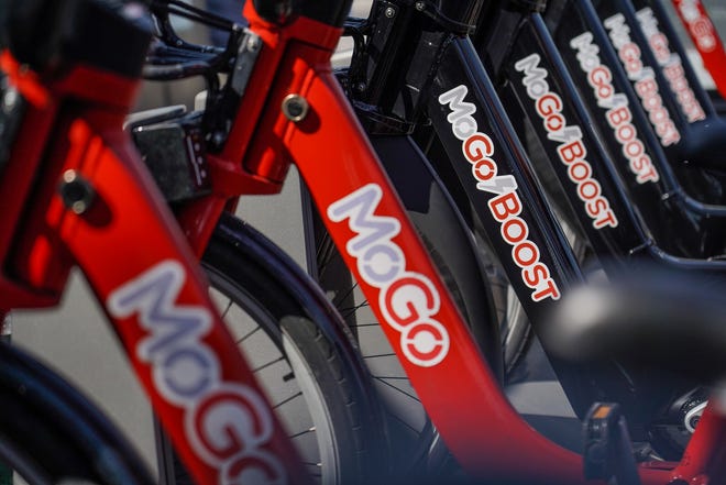 MoGo Boost bikes are displayed in a station at Eastern Market in Detroit on Monday, August 5, 2019. 