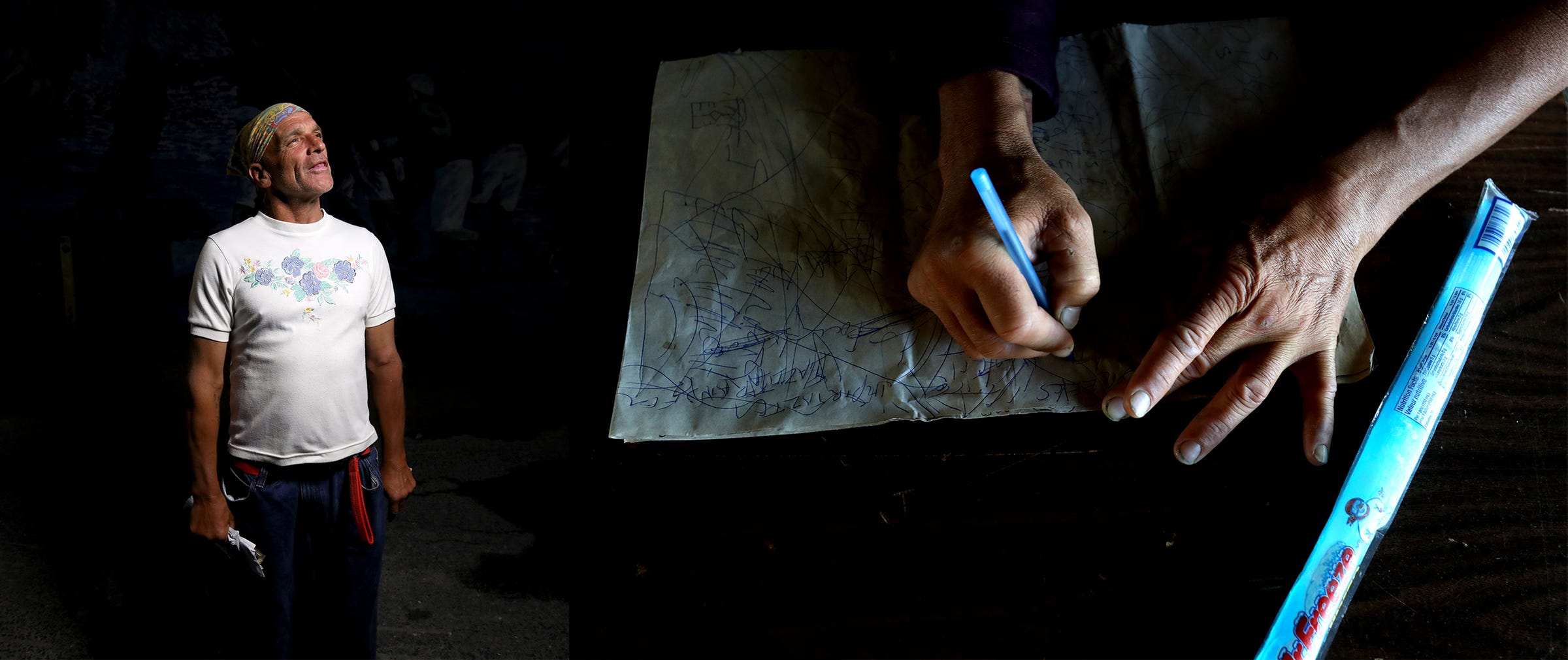 A diptych of Joe Murphy out and about wandering the streets of downtown Kenora, Ontario, Wednesday, July 10, 2019 and Murphy scribbling on a piece of paper at the Fellowship Centre while letting a blue Mr. Freeze thaw out that someone had given him.
After living in a hotel in Kenora, Ontario, Canada set up by former NHL hockey players, former Detroit Red Wings player Joe Murphy is back on the streets of that city and homeless.