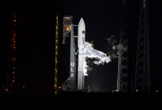 A United Launch Alliance Atlas V rocket is fueled before liftoff from Cape Canaveral Air Force Station early Thursday morning, Aug. 8, 2019. The rocket is carrying the AEHF 5 communications satellite for the U.S. military.
