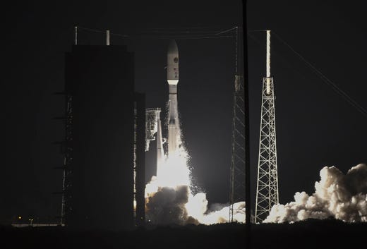 A United Launch Alliance Atlas V rocket lifts off from Cape Canaveral Air Force Station early Thursday morning, Aug. 8, 2019. The rocket is carrying the AEHF 5 communications satellite for the U.S. military.
