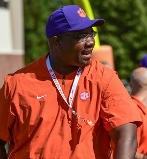 Clemson defensive line coach Todd Bates during practice at the Allen N. Reeves Football Complex in Clemson Thursday, August 8, 2019.