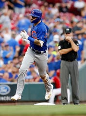Chicago Cubs right fielder Nicholas Castellanos (6) rounds third on a home run in the third inning of the MLB National League game between the Cincinnati Reds and the Chicago Cubs at Great American Ball Park in downtown Cincinnati on Thursday, Aug. 8, 2019. The game was tied after three innings.